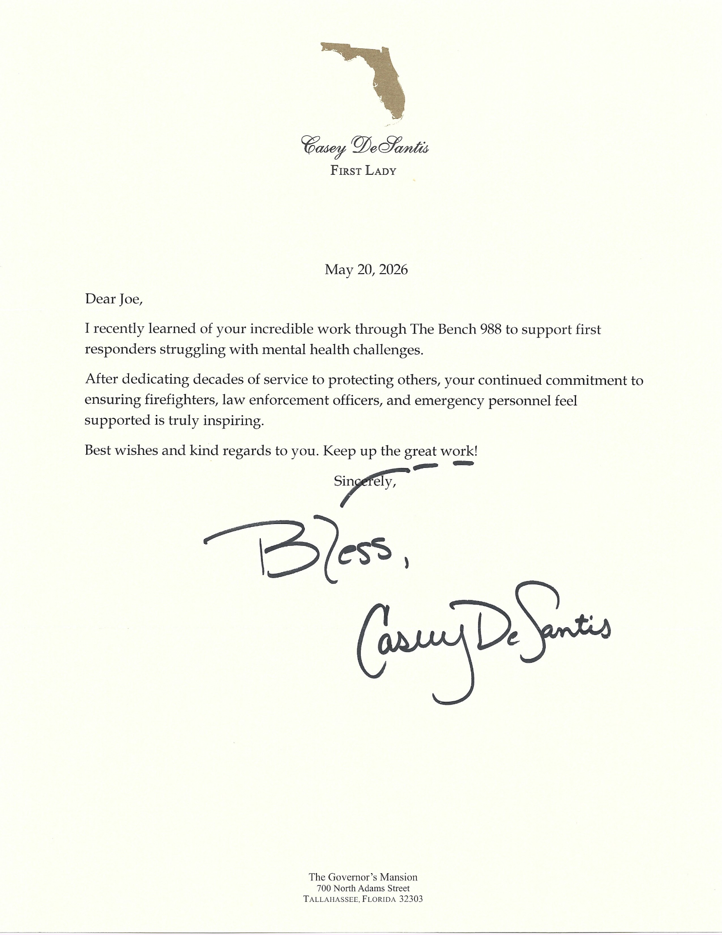 Letter from First Lady Casey DeSantis to The Bench 988, dated May 20, 2026